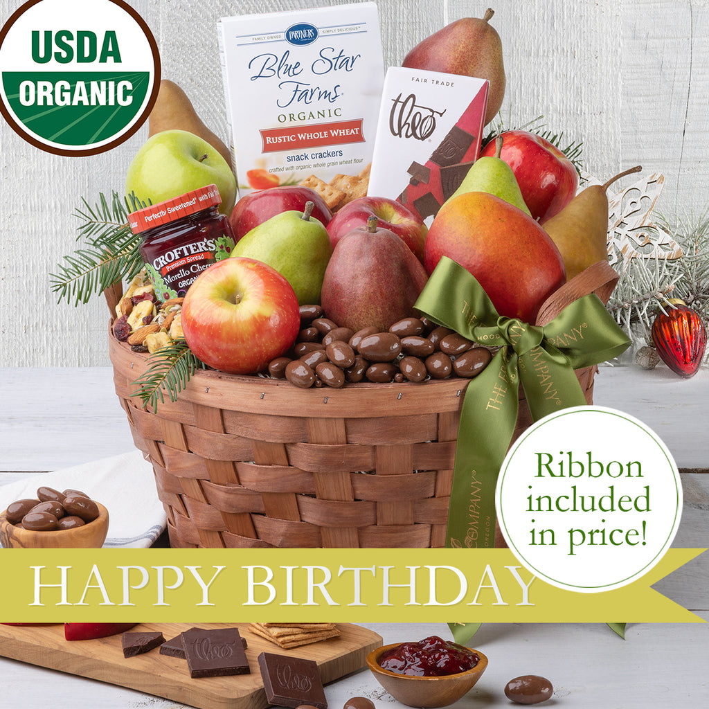 Basket of organic fruits and chocolates in the Happy Birthday Gift Basket