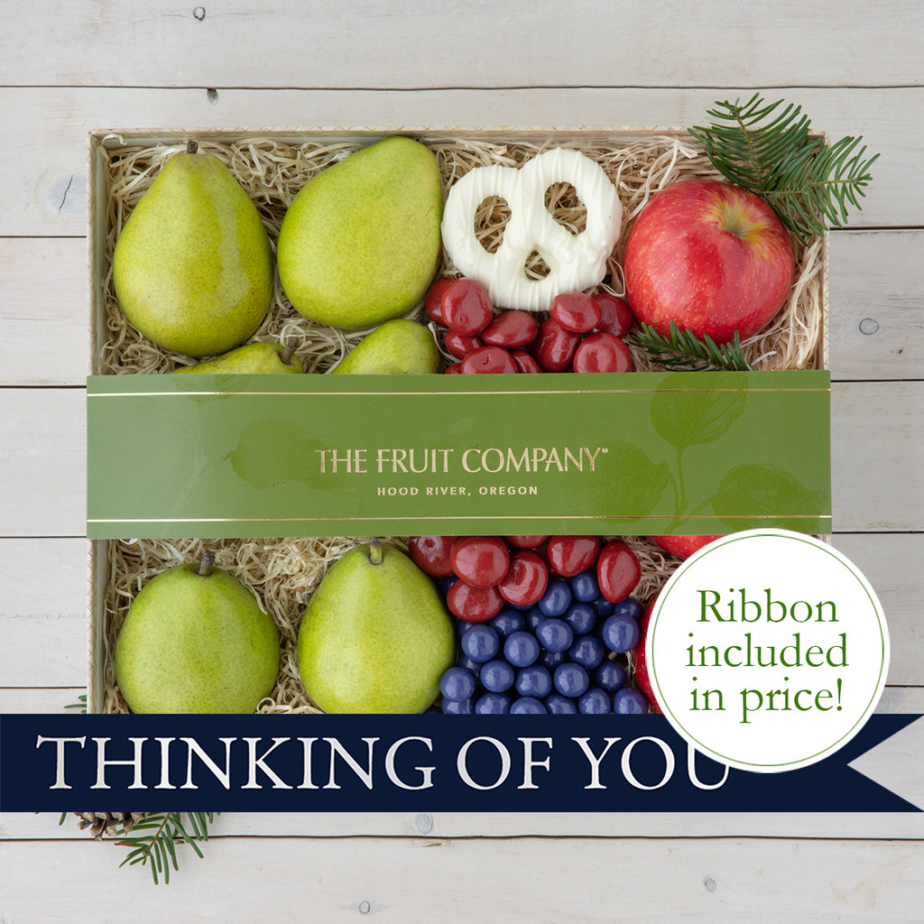 Thinking of You Gift Box with Pears, apples, taffy, and a chocolate brownie