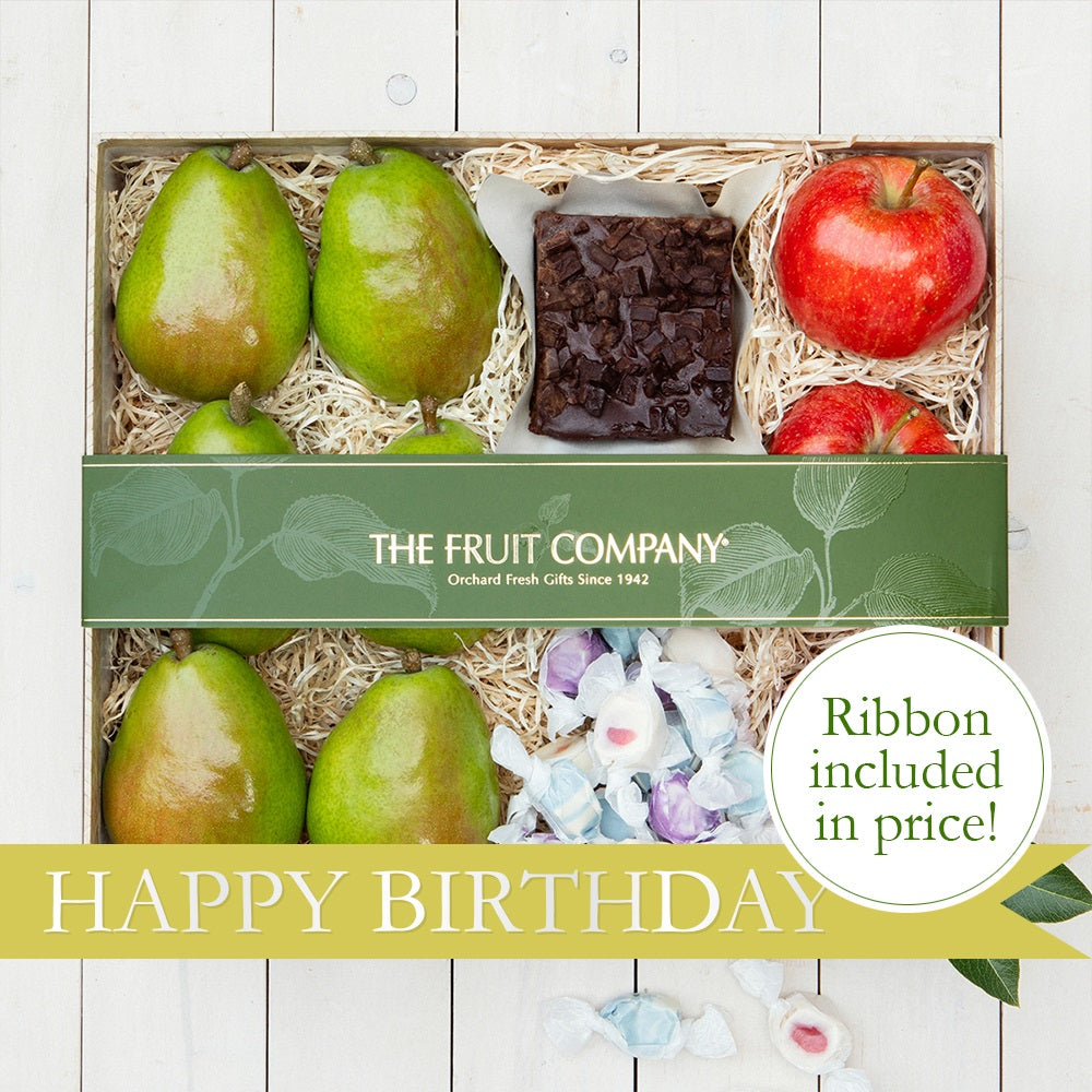 Happy Birthday Gift Box with pears, apples, brownies, and taffy