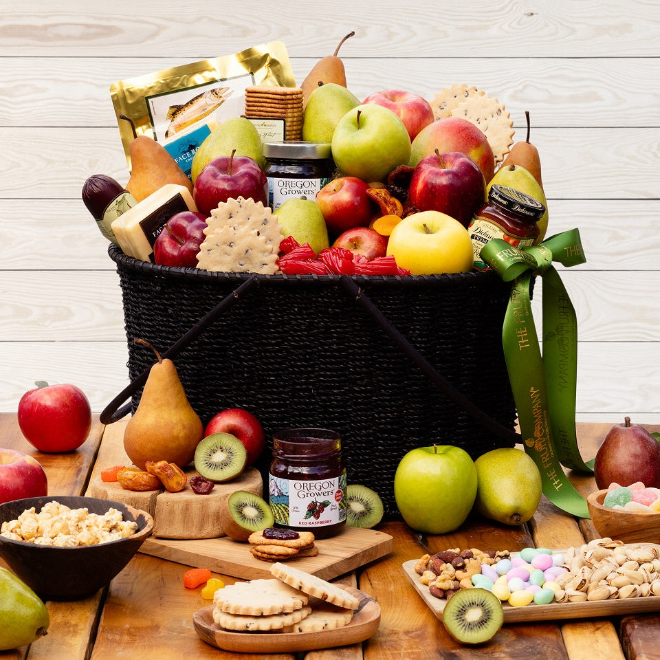 XXL dark woven basket filled with 28 pc fruit 2 cheeses sausage salmon & 13 sweet & savory treats