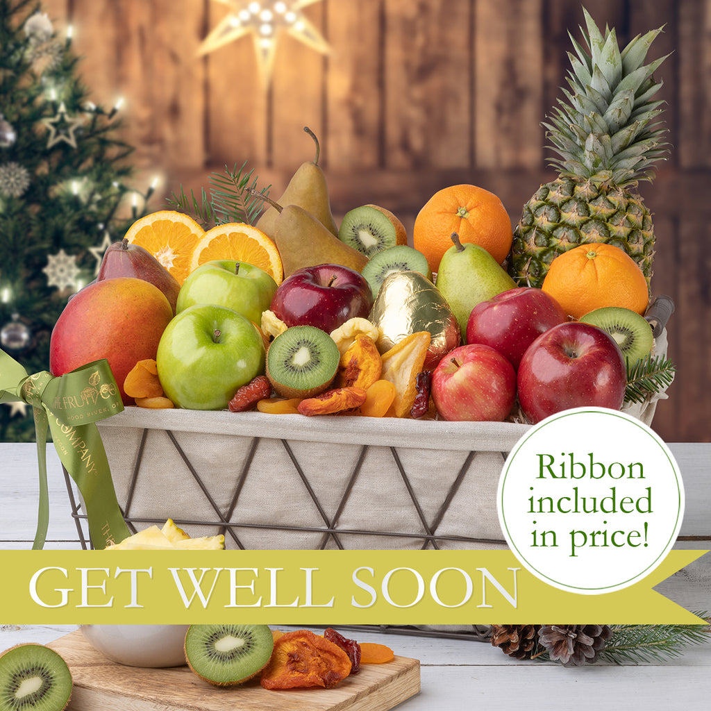 Beautifully arranged fruit contents in the Get Well Soon basket