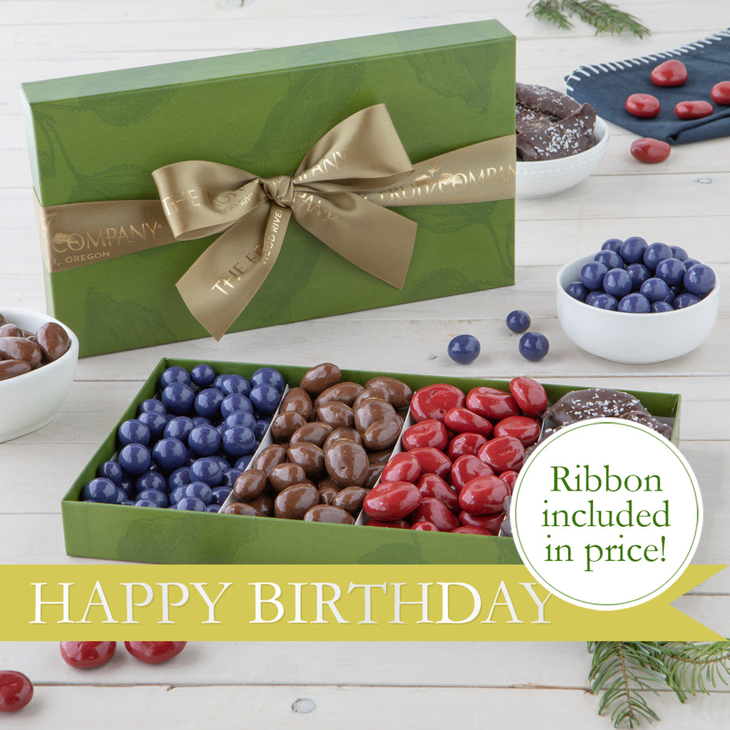 Happy Birthday Gift Box with chocolate covered blueberries, almonds, and cherries