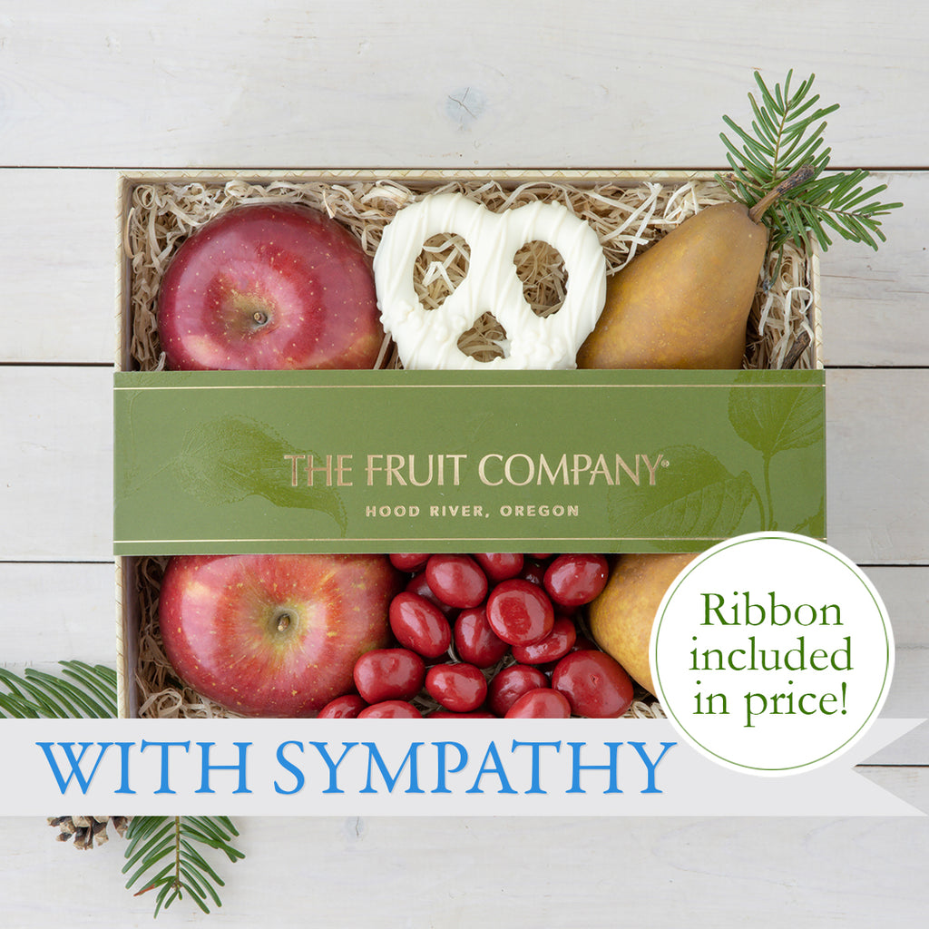 With Sympathy Gift Box with apples, pears, candied cherries, and chocolate pretzel