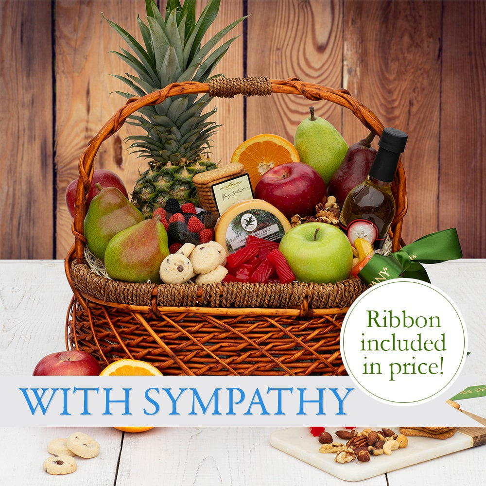 wood woven basket with 10 pc fruit 8 sweet & savory treats and with sympathy ribbon 