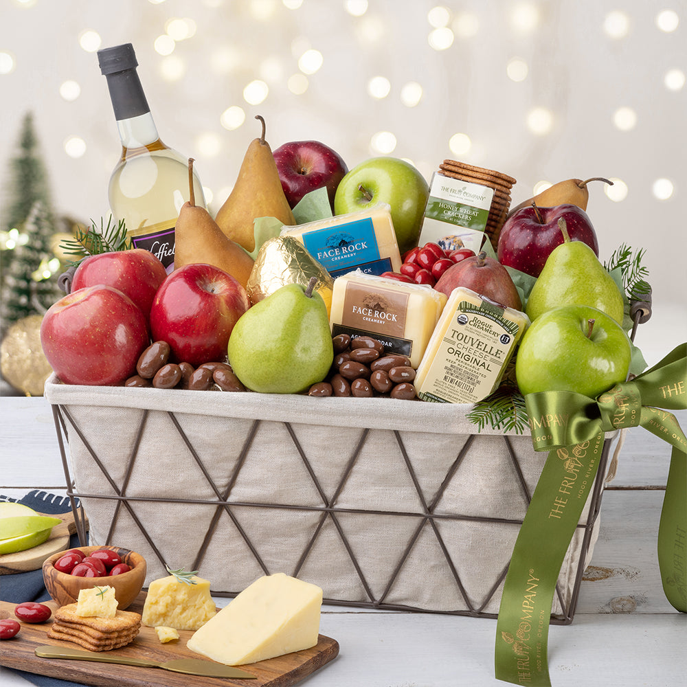 Winter-harvested fruit and cheese basket for a delicious legacy experience.
