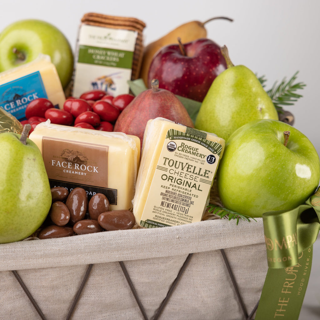 Close shot of Cheeses and chocolates included in the Legacy Cheese winter box