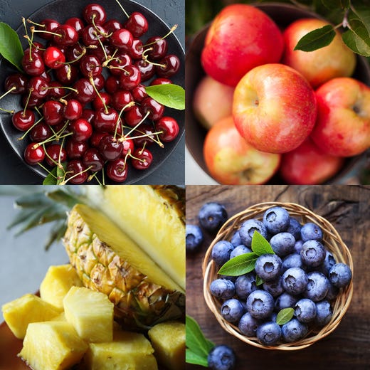 Dark sweet cherries, mountain blueberries, Fuji apples and pineapple