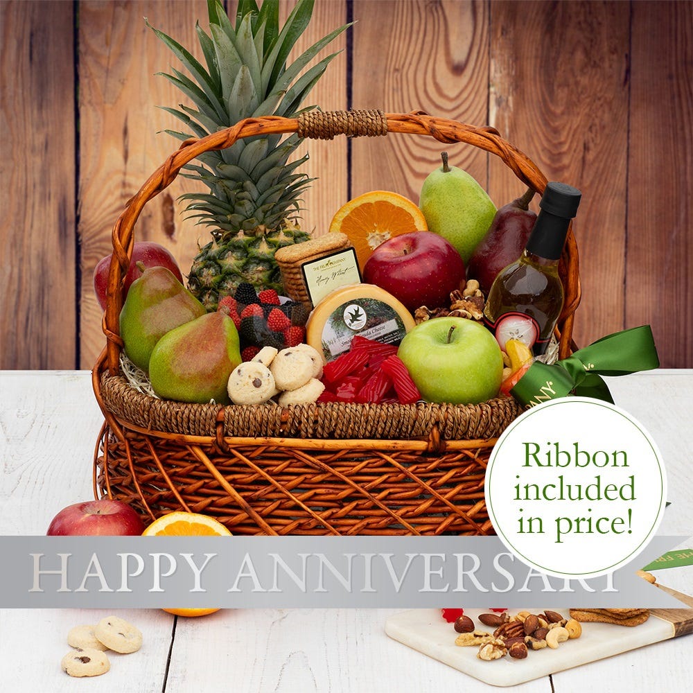 wood woven basket with 10 pc fruit 8 sweet & savory treats and happy anniversary ribbon 