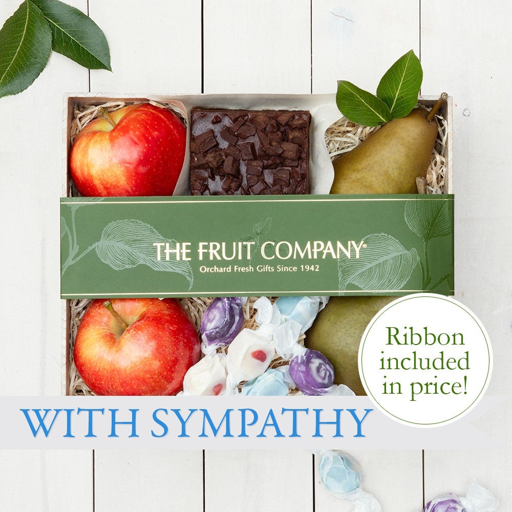 With Sympathy Gift Box with apples, pears, taffy, and chocolate brownie